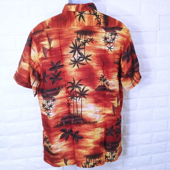Vintage 80s Robinsons Red Bag Aloha Shirt -M Pocket SSL Vents Tropical Palm Tiki - Picture 10 of 11